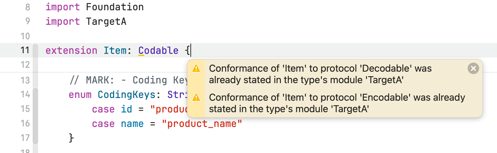 Warning in Xcode for double protocol conformance in the different target