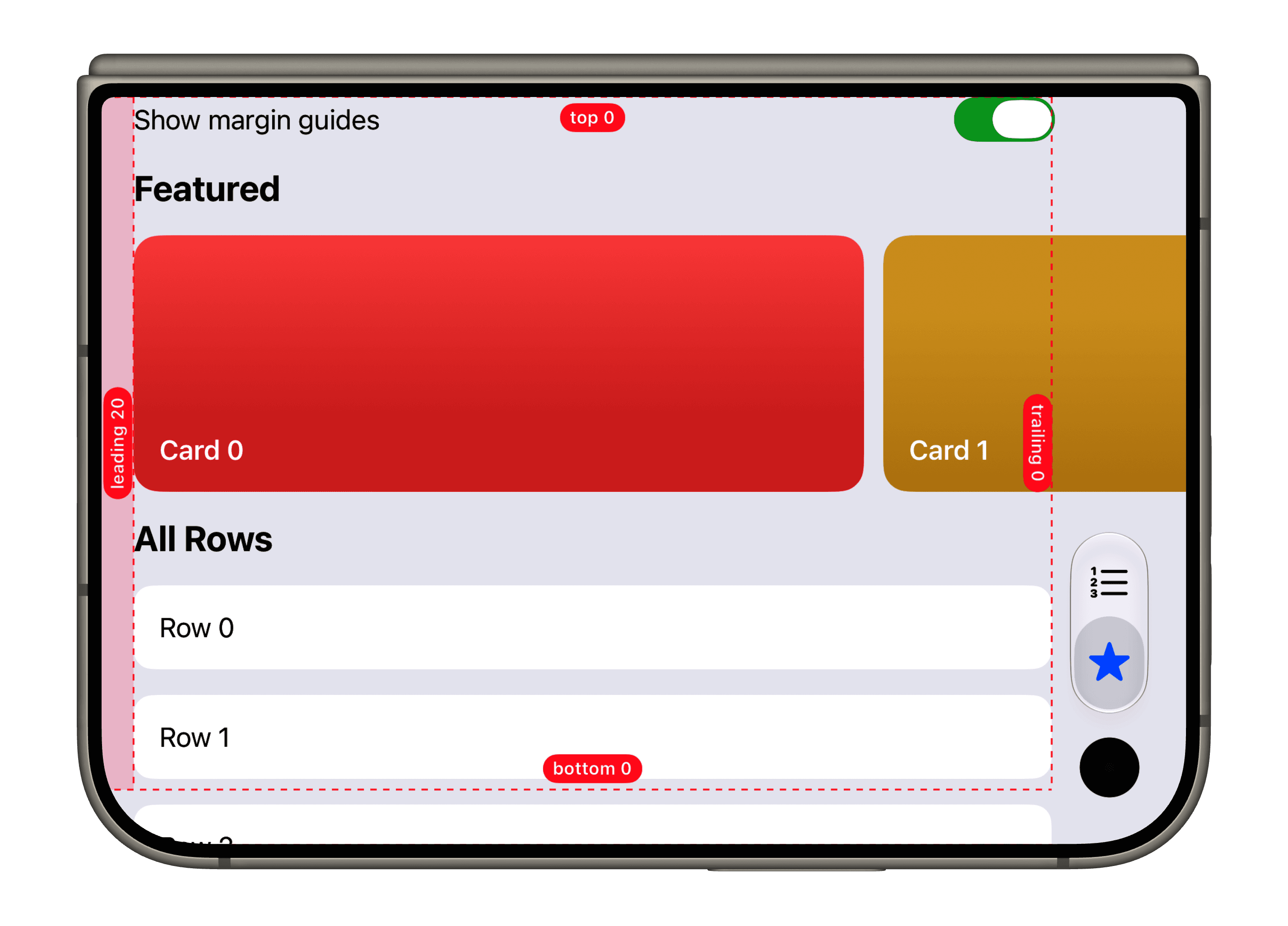 Folded iPhone Duo with the vertical toolbar on the trailing edge and the margin guides showing 20 pt leading and 0 pt trailing