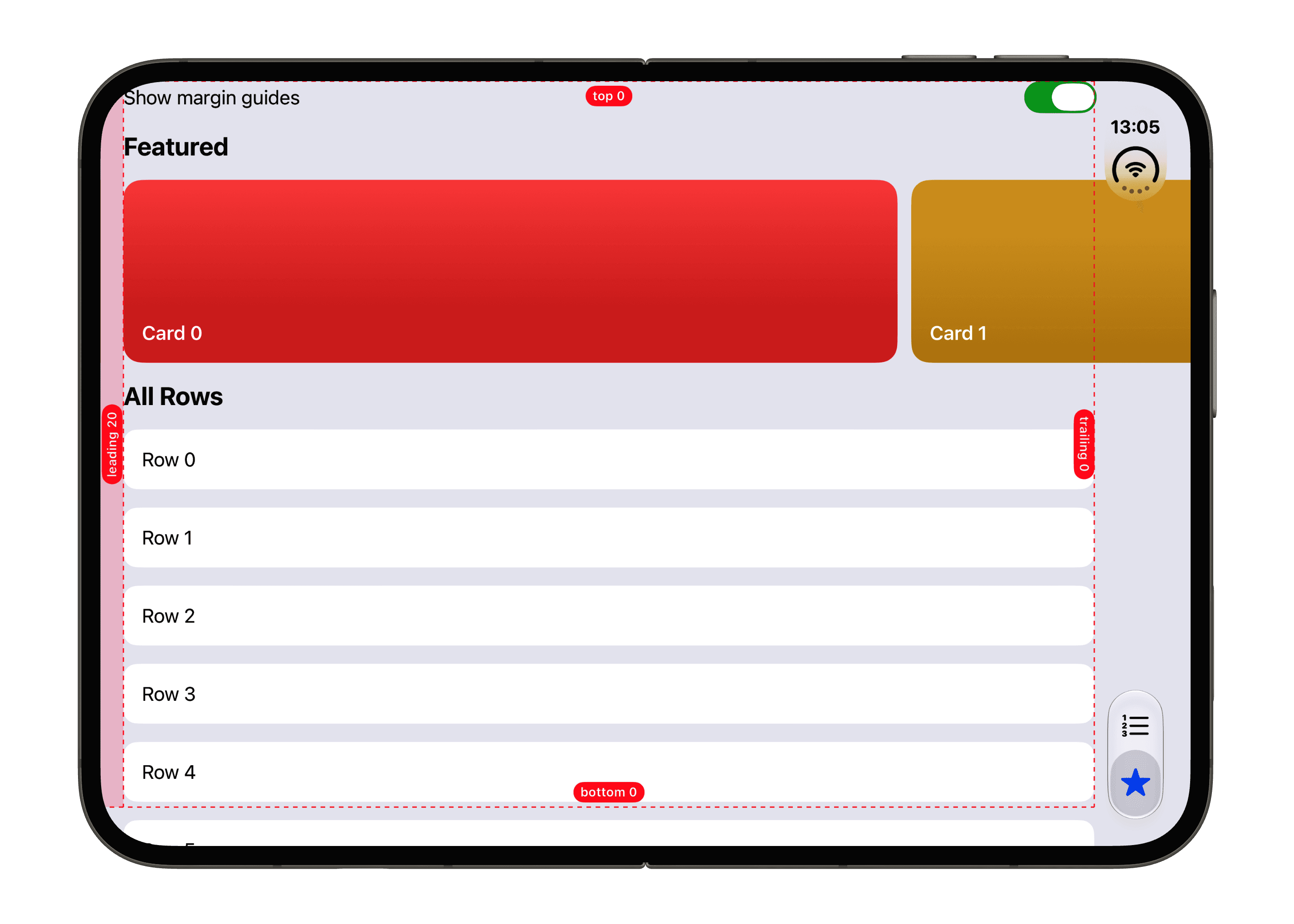 Unfolded iPhone Duo in landscape with the vertical toolbar on the trailing edge and the margin guides showing 20 pt leading and 0 pt trailing