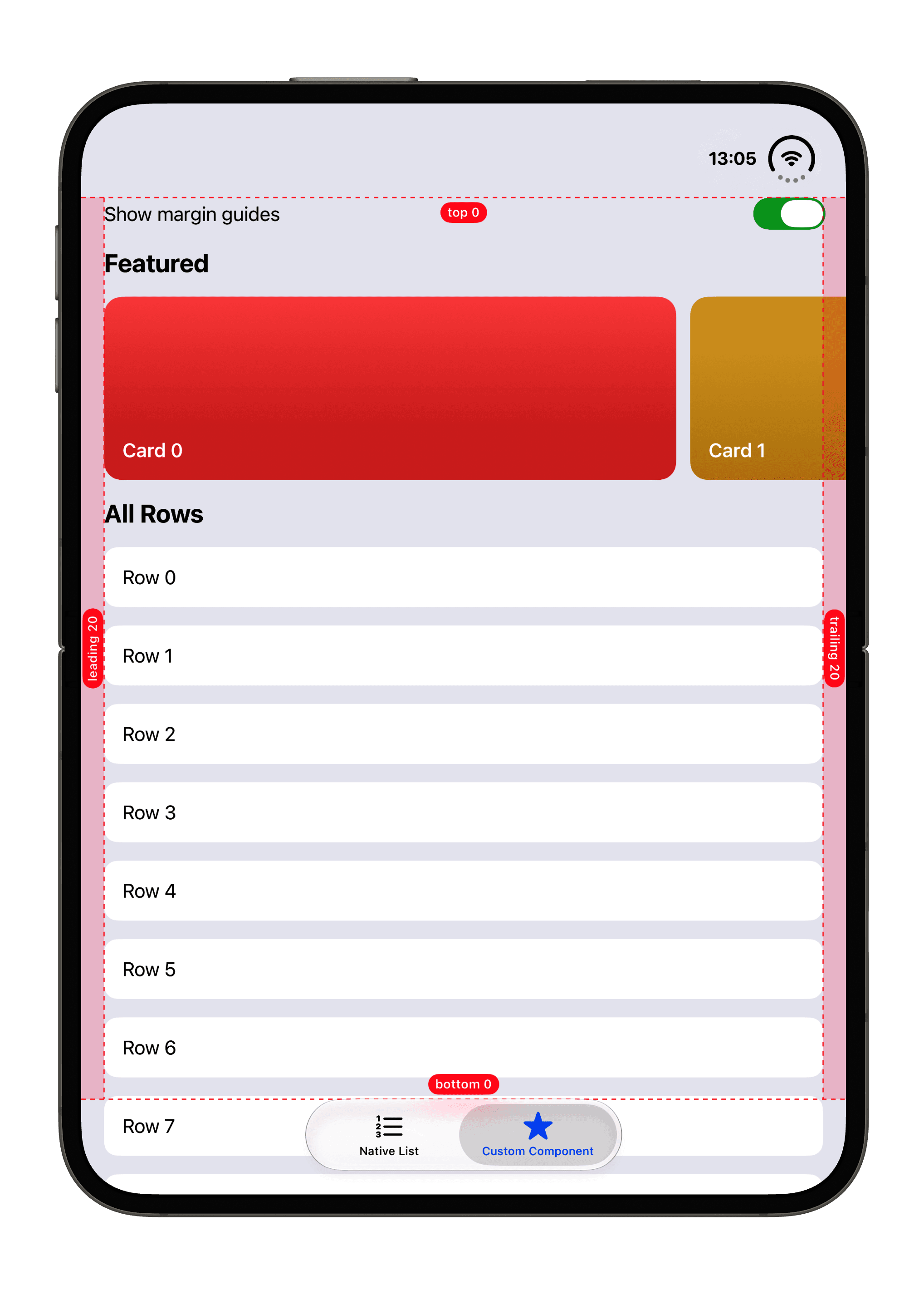 Unfolded iPhone Duo in portrait with the margin guides showing 20 pt leading and 20 pt trailing